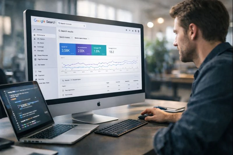 Illustration d'une IA générative optimisant le SEO d'un site web à Toulouse