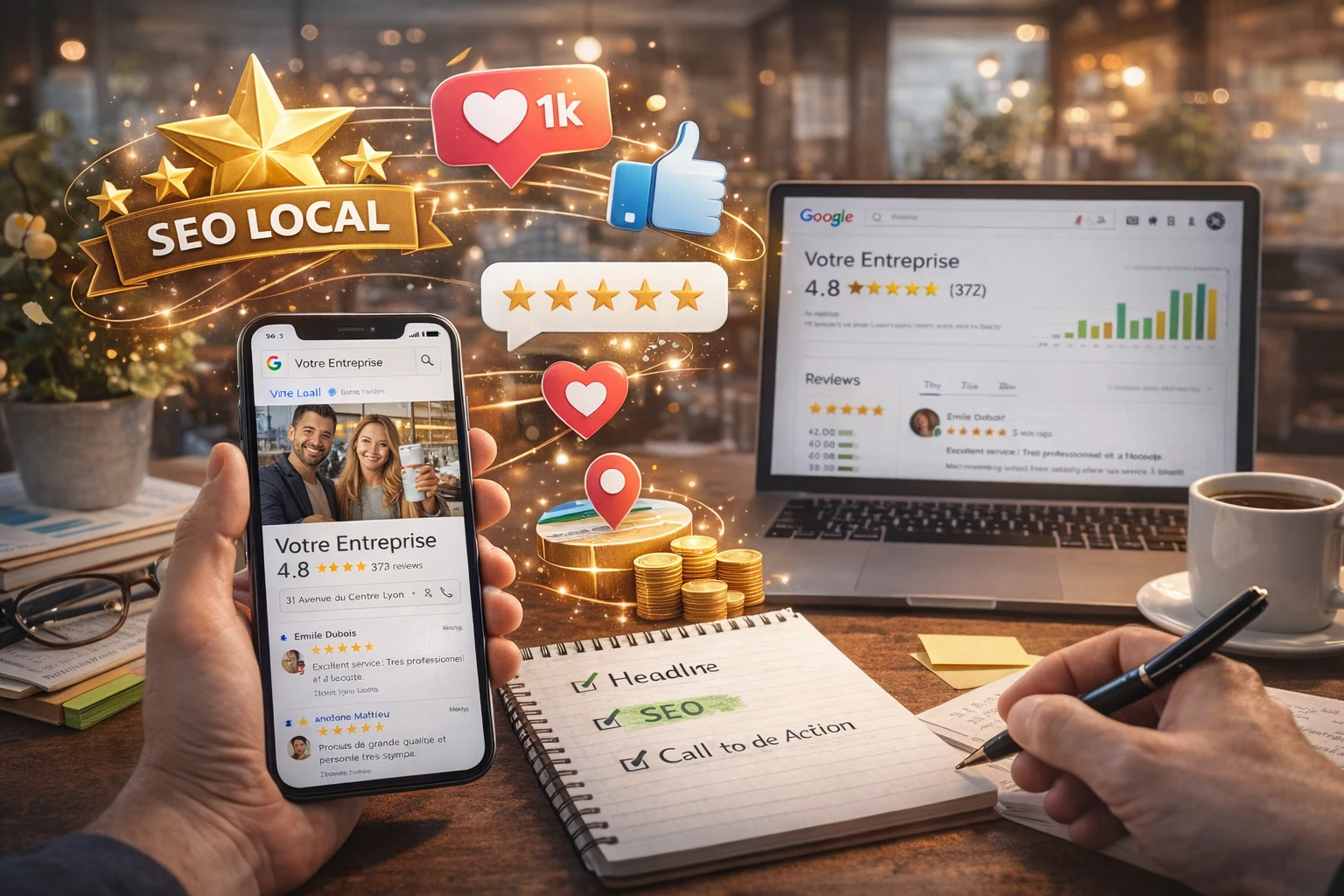 Illustration d'un expert en SEO local utilisant des avis clients pour optimiser la visibilité en ligne