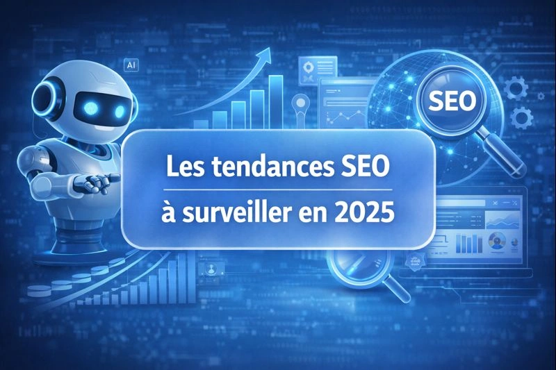 Illustration des tendances SEO pour 2025 avec intelligence artificielle et recherche vocale