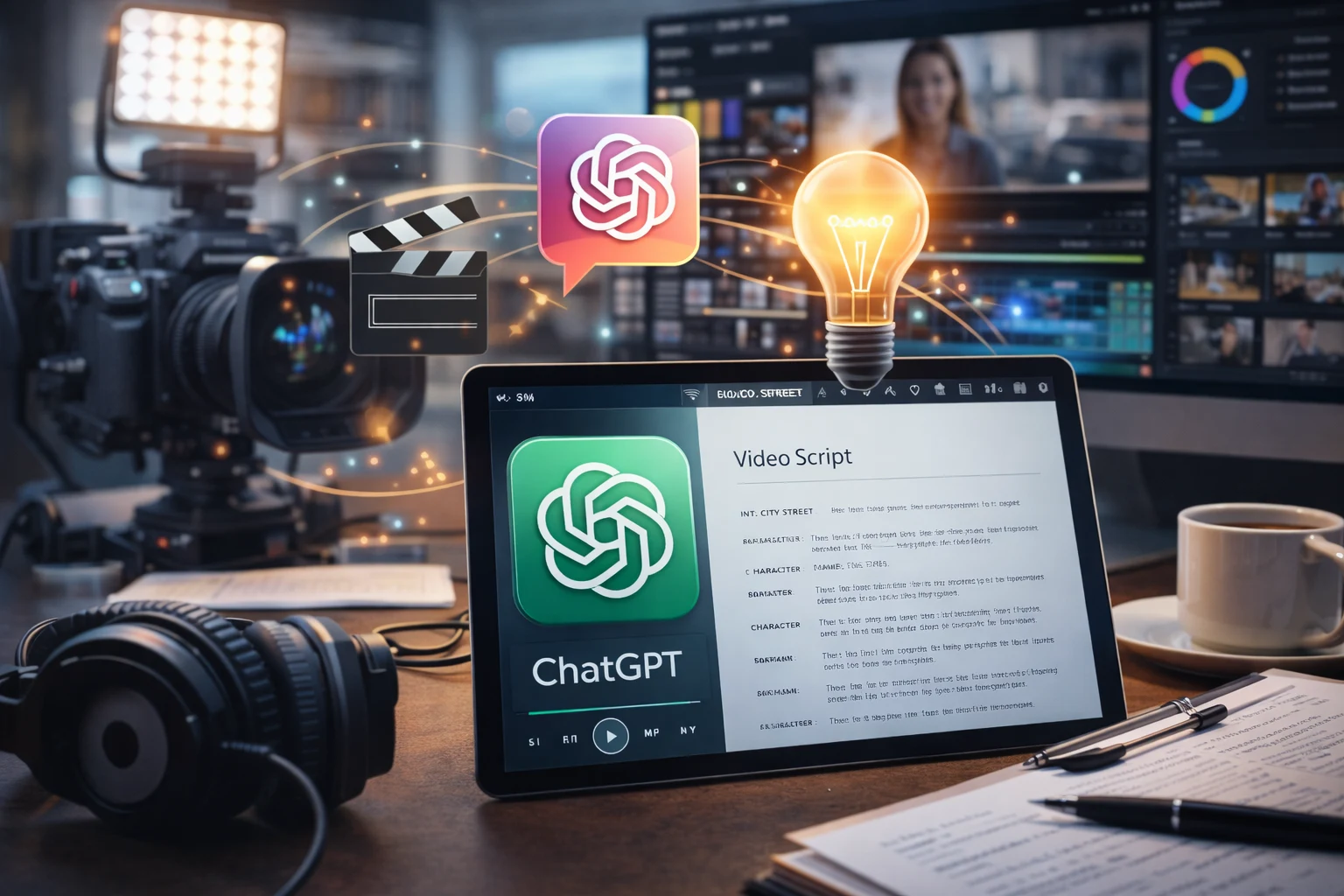 Illustration de ChatGPT générant des scripts vidéo avec intelligence artificielle