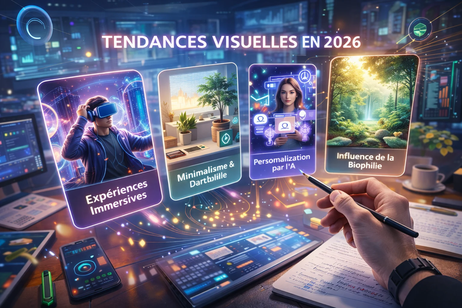 Illustration des tendances visuelles 2026 avec des éléments naturels et technologiques